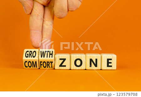 Comfort or growth zone symbol. Concept words Comfort zone Growth zone on wooden cubes. Beautiful orange table orange background. Psychologist hand. Business comfort or growth zone concept. Copy space. 123579708