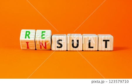 Result or insult symbol. Concept words Result Insult on wooden cubes. Beautiful orange table orange background. Business and result or insult concept. Copy space. 123579710