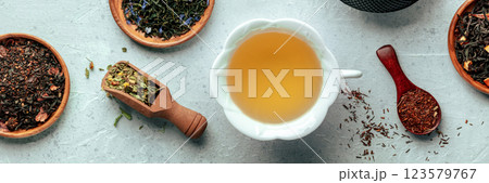 Loose tea leaves panorama. Black, green, white tea, an assortment, Loose tea leaves panorama. Black, green, white tea, an assortment, 123579767
