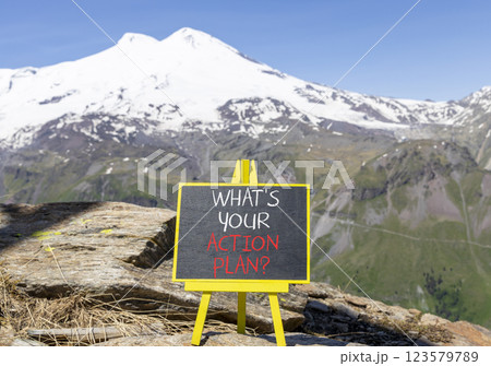 Action plan symbol. Concept words What is your action plan on beautiful black blackboard. Beautiful mountain Elbrus background. Business What is your action plan concept. Copy space 123579789