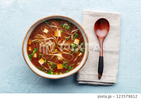 Tofu soup, Japanese cuisine. Miso soup with bean curd and green onions 123579812