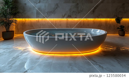 A modern white bathtub filled with crystal clear water is set in the center of the spacious bathroom 123580034