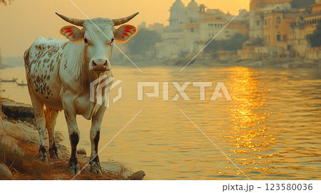 A regal Indian cow standing by the sacred Ganges River is captured in daguerreotype style 123580036