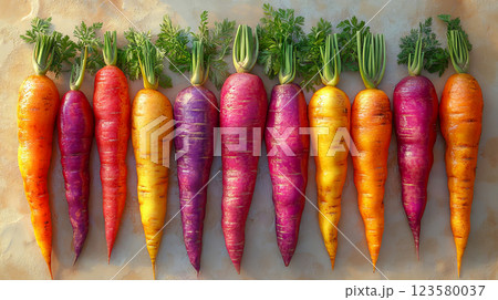 A bright, colorful display of carrots of various shapes and sizes artistically arranged on a light surface 123580037