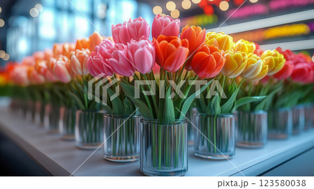 A minimalist flower shop filled with identical vases of colorful tulips 123580038