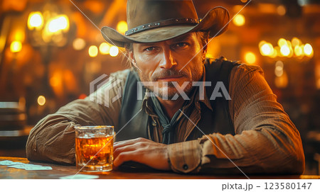 A classic cowboy sits at the bar with a glass of whiskey on the table A classic cowboy sits at the bar with a glass of whiskey on the table 123580147