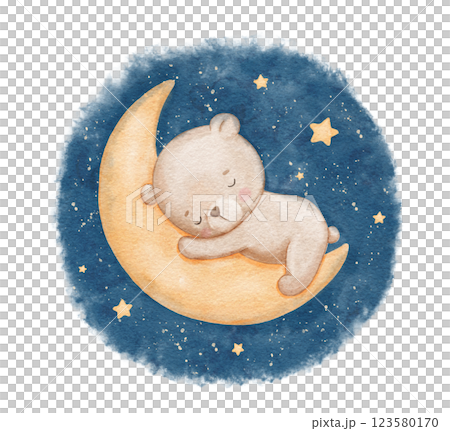 Baby bear sleeping on moon in night sky, watercolor hand draw illustration for kids, painted drawing with isolated background Baby bear sleeping on moon in night sky, watercolor hand draw illustration for kids, painted drawing with isolated background 123580170