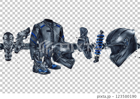 Seamless banner motorcycle helmet, gloves, boots, jacket, kneepad. Border moto gear, moto wear, equipment. Watercolor illustration isolated from background. Web design and advertising signboard Seamless banner motorcycle helmet, gloves, boots, jacket, kneepad. Border moto gear, moto wear, equipment. Watercolor illustration isolated from background. Web design and advertising signboard 123580190
