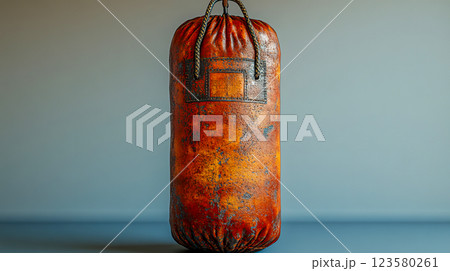 Boxing bag made of scuffed leather material 123580261