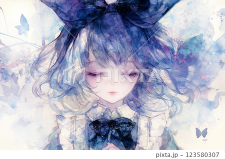 アニメ風イラスト 童話のような黒髪の少女とキノコの森 123580307