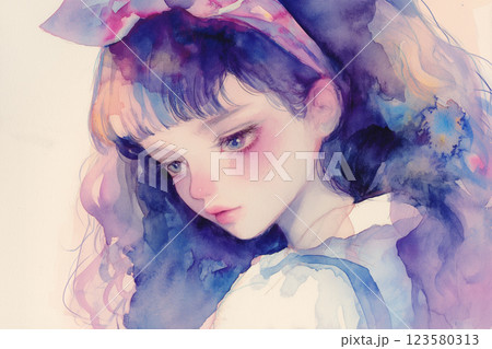 不思議の国のアリス風 黒髪の少女と幻想的なキノコの森 イラスト 123580313
