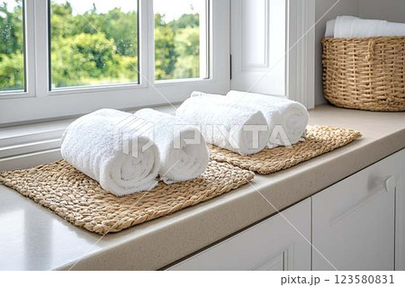 Bright and airy bathroom with rolled white towels placed on woven straw mats, near large window with natural outside 123580831
