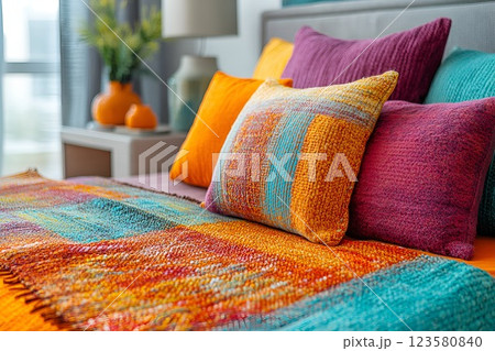 Cozy bedroom with colorful pillows and a knitted blanket on a bed, featuring warm and vibrant tones 123580840
