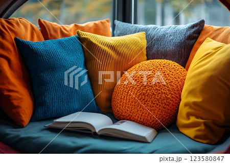 Reading nook with colorful cushions, a cozy bench, and an open book by the window Reading nook with colorful cushions, a cozy bench, and an open book by the window 123580847