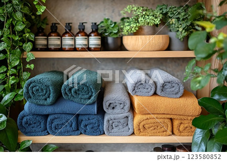 Minimalist bathroom shelf with folded towels and natural greenery 123580852