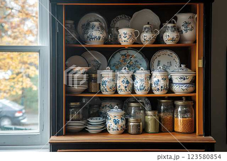 Vintage wooden cabinet filled with ceramic plates, teapots, and spice jars in a cozy home setting 123580854