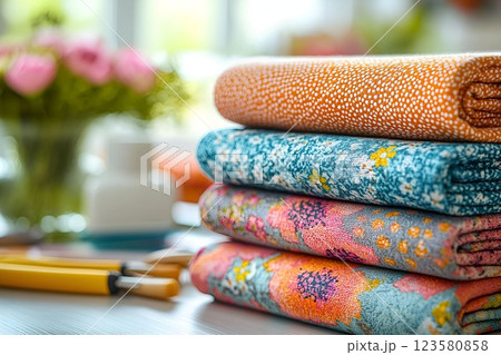Stack of beautifully patterned textiles in warm and cool tones, folded neatly on table in a bright and cozy craft studio 123580858