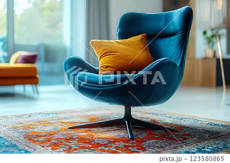 Blue velvet armchair with an orange pillow in a stylish modern living room with a colorful rug and natural light 123580865