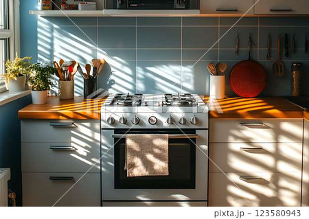 Compact kitchen with a gas stove, wooden countertop, and natural light casting striped shadows, creating a warm space 123580943