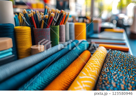 A variety of colorful fabric rolls and paintbrushes in an artistic workspace, creativity and design inspiration 123580946
