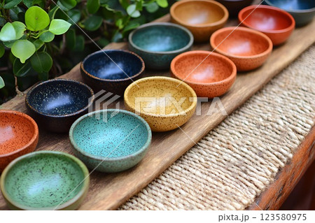 Small speckled ceramic bowls arranged on a wooden tray in an outdoor setting with lush green plants 123580975