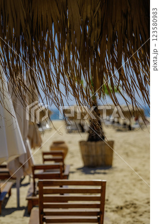 Thatched roof of beach umbrella in focus with blurred sunbeds, sandy shore. Summer retreat with secluded coastal atmosphere. Relaxing beach with sun loungers and umbrellas under palm by ocean Thatched roof of beach umbrella in focus with blurred sunbeds, sandy shore. Summer retreat with secluded coastal atmosphere. Relaxing beach with sun loungers and umbrellas under palm by ocean 123580983