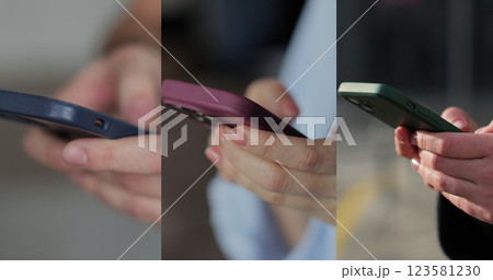 Multiscreen on people using smartphone in everyday life. People using the mobile phone. No-mobile-phone phobia. Multiscreen footage. Split screen variation. 123581230