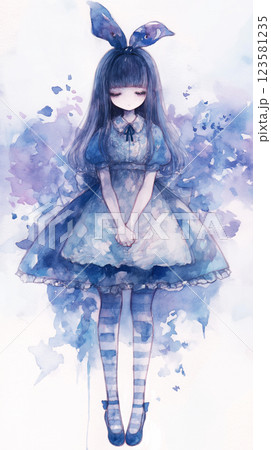 現代風アリス風 黒髪の少女と澄んだ青背景イラスト 123581235