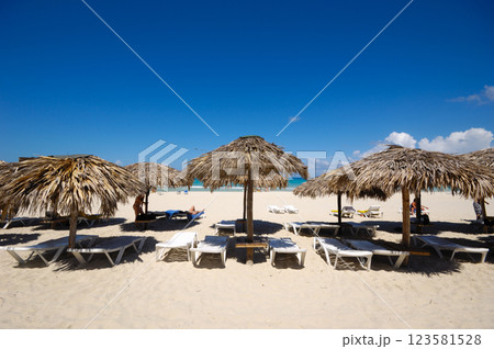 Beach with parasols and sunbeds Beach with parasols and sunbeds 123581528