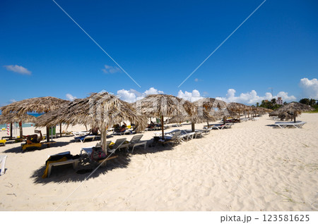 Beach with parasols and sunbeds Beach with parasols and sunbeds 123581625