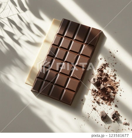 ミニマリズム背景におかれたチョコレートとカカオパウダー 123581677