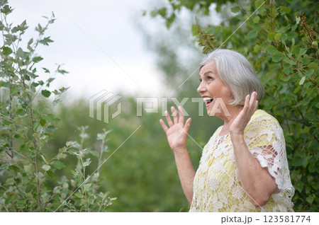 Portrait of a beautiful elderly woman in the park 123581774