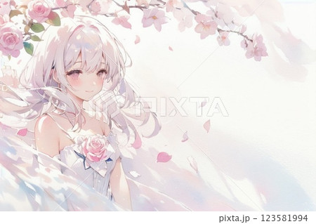 バラの花と白いドレスの少女　水彩画風 123581994