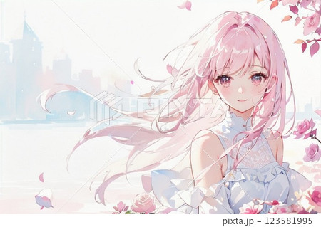 バラの花と少女　水彩画風 123581995