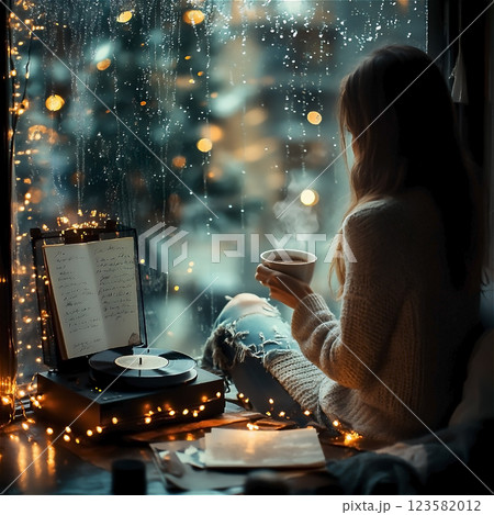 woman sitting near the window in the rainy day with cup of hot drink . High quality photo 123582012