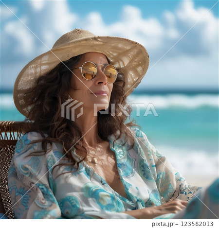 mature woman in straw hat and sunglasses relaxing on the beach . High quality photo 123582013