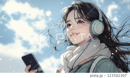 スマホを持ち風に吹かれながら音楽を楽しむ女性のイラスト「AI生成画像」 123582307