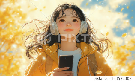 スマホを持ち風に吹かれながら音楽を楽しむ女性のイラスト「AI生成画像」 123582308