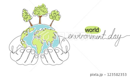 Minimalist continuous one line drawing of a hand holding the Earth with trees, symbolizing World Environment Day, Minimalist continuous one line drawing of a hand holding the Earth with trees, symbolizing World Environment Day, 123582353
