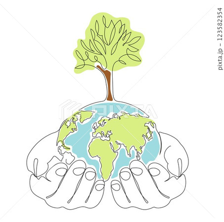 Minimalist continuous one line drawing of a hand holding the Earth with trees, symbolizing World Environment Day, 123582354