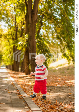 One-year-old little boy exploring the world in an autumn forest One-year-old little boy exploring the world in an autumn forest 123582396