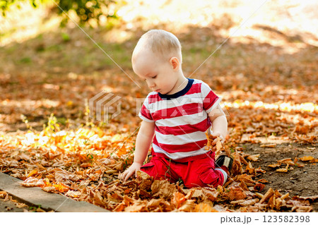 One-year-old baby playing with natural materials leaves and twigs in a warm autumn forest 123582398