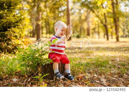 Little boy under one year old sitting on a tree stump in the park playing with a dry twig Little boy under one year old sitting on a tree stump in the park playing with a dry twig 123582491