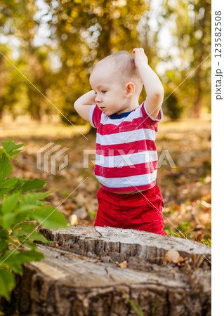 Ten-month-old baby sitting on a felled tree in the autumn forest Ten-month-old baby sitting on a felled tree in the autumn forest 123582508