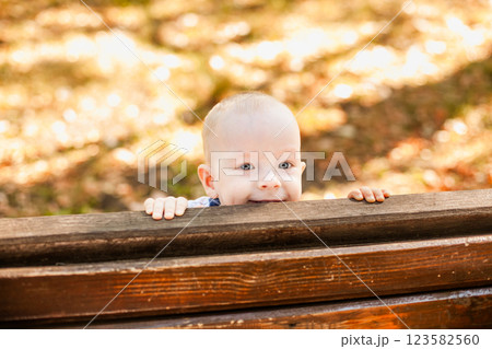 Almost bald baby boy peeking out from behind a wooden bench in the autumn park Almost bald baby boy peeking out from behind a wooden bench in the autumn park 123582560
