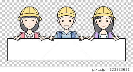 長い大きなホワイトボードを持つランドセルを背負った小学生の男子女子 長い大きなホワイトボードを持つランドセルを背負った小学生の男子女子 123583631