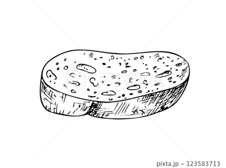 Vector slice of bread, bakery. Graphic ink loaf food, whole grain bread, ciabatta, brown homemade, baguette. Bun illustration isolated on background. Hand drawn line sketch. For designers, prints Vector slice of bread, bakery. Graphic ink loaf food, whole grain bread, ciabatta, brown homemade, baguette. Bun illustration isolated on background. Hand drawn line sketch. For designers, prints 123583713