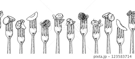 Seamless hand drawn food and fork border pattern in black and white, perfect for menus, banners, and kitchen designs. Vintage style vector line art illustration. With an isolated background 123583714