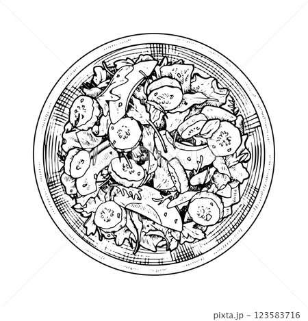 Hand drawn vector illustration of a fresh salad bowl in black and white. Top view sketch featuring mixed greens, cucumbers, tomatoes, and avocado. Perfect for healthy eating and organic food designs 123583716