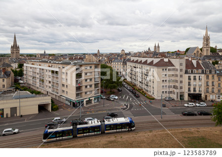 Rubber-tyred tram in the city center of Caen Rubber-tyred tram in the city center of Caen 123583789